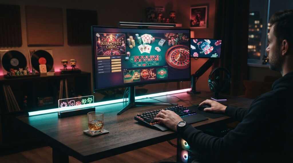 Tổng Quan Trải Nghiệm Giải Trí Tại Casino Trực Tuyến Việt Nam Không gian máy tính chơi game hiện đại hiển thị giao diện trò chơi sòng bài trực tuyến