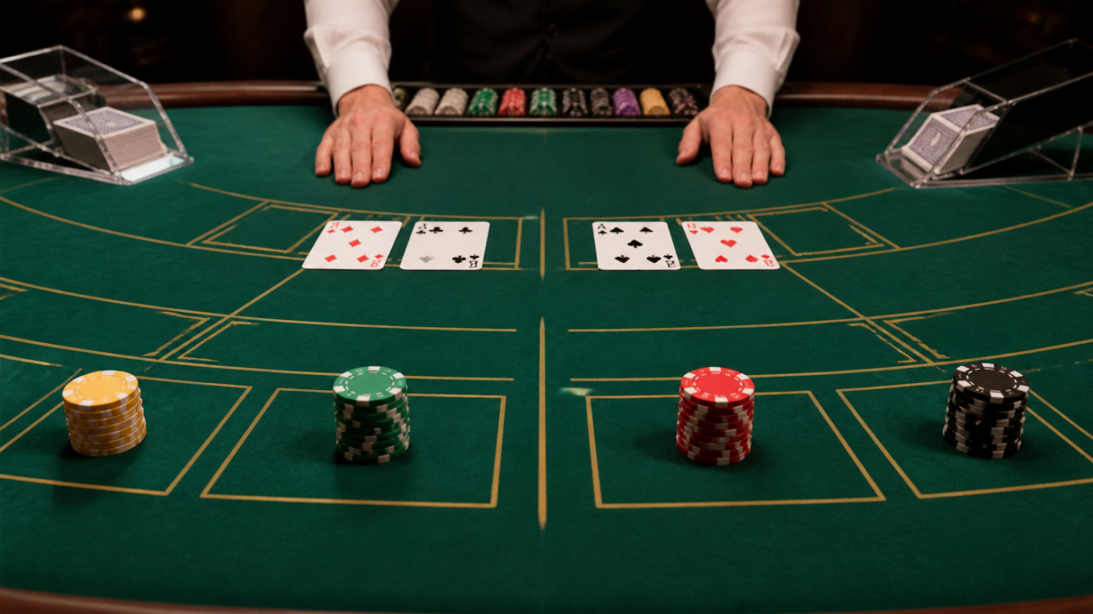 Baccarat trực tuyến vận hành theo nguyên tắc nào?: đánh baccarat trực tuyến Bàn baccarat với bài tây và phỉnh trong một ván chơi trực tuyến