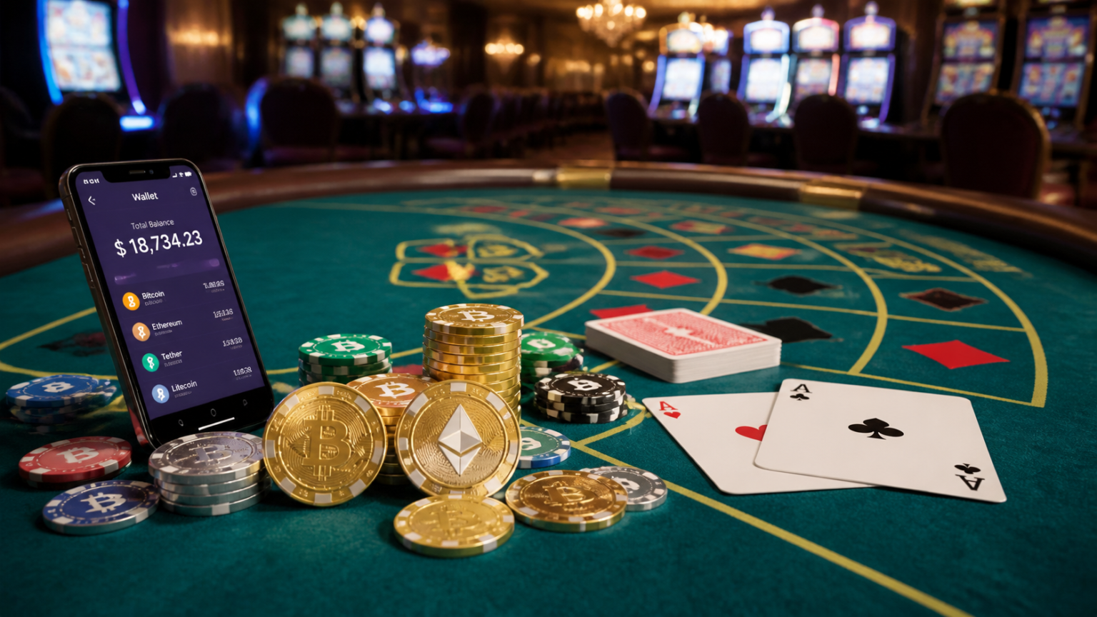 Best Crypto Casino: What Players Should Look For Crypto casino table with chips, cards, and a phone wallet screen
