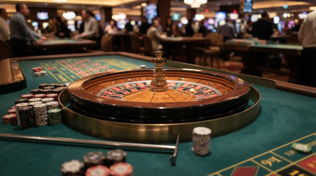 Guide to the Best Online Casino Sites Singapore Gaming Fans Use A close-up shot of a casino roulette wheel spinning on a green felt table