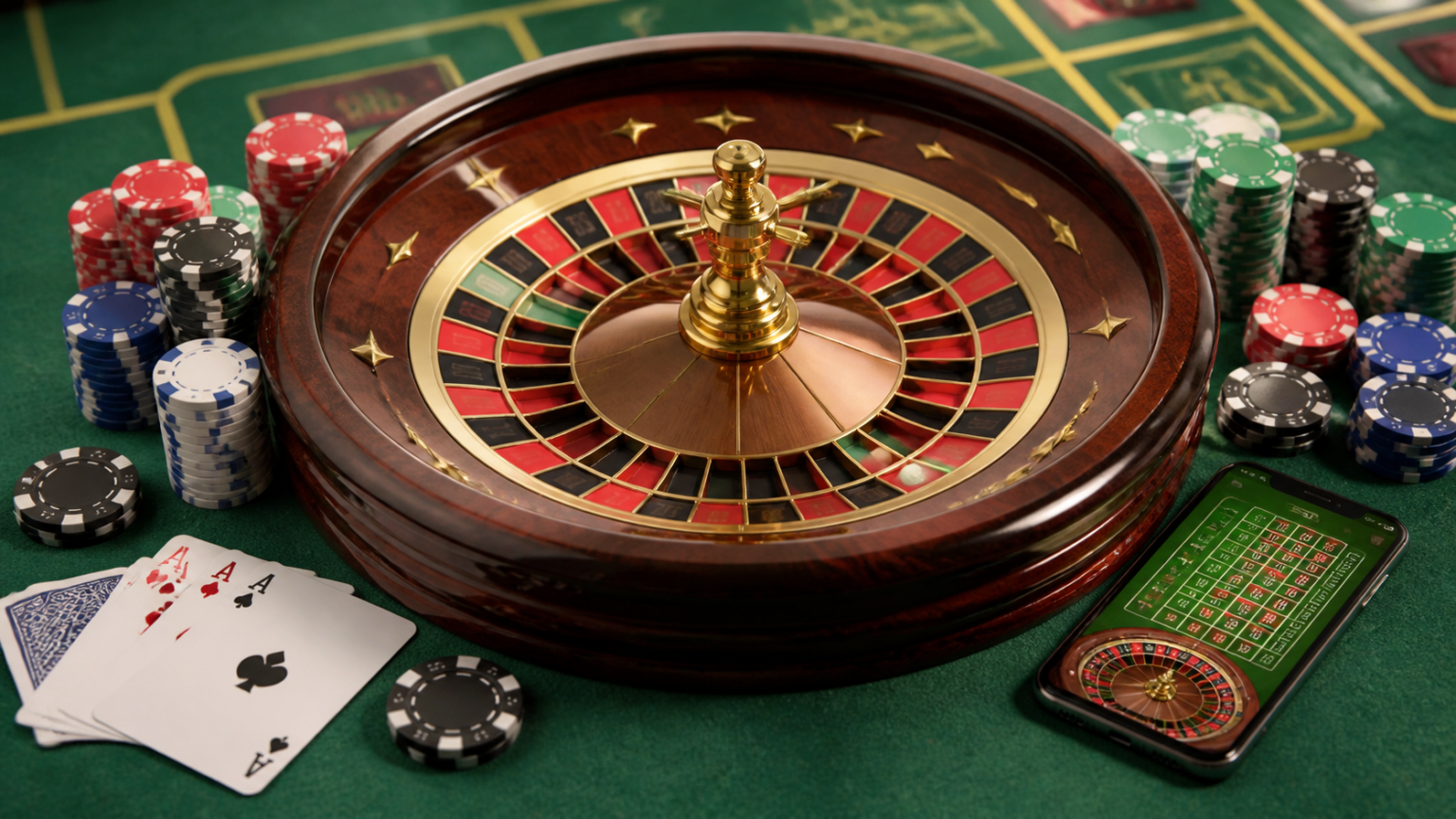 Migliori Casino Online: Guida Completa per Nuovi Giocatori Casino roulette table with cards and a smartphone showing online casino play