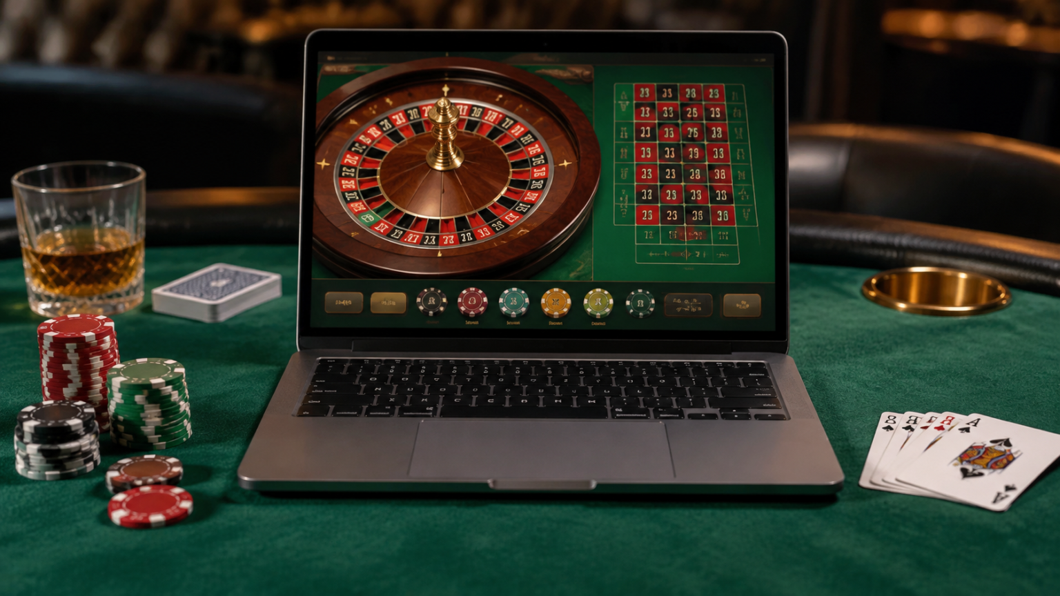 Laptop displaying an online casino roulette game beside playing cards and chips on green felt