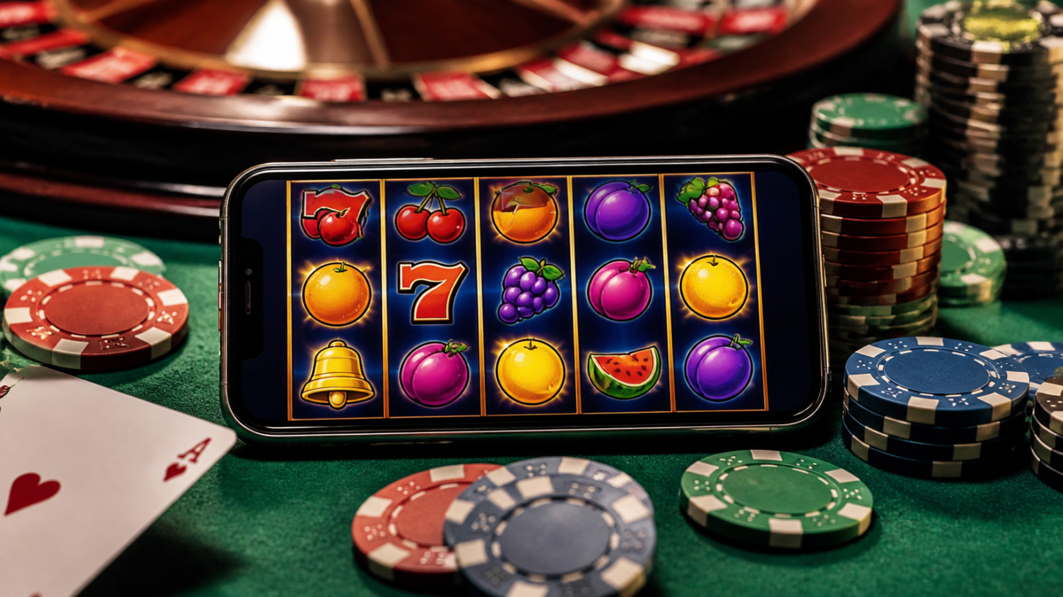 Smartphone showing online slot reels with casino chips