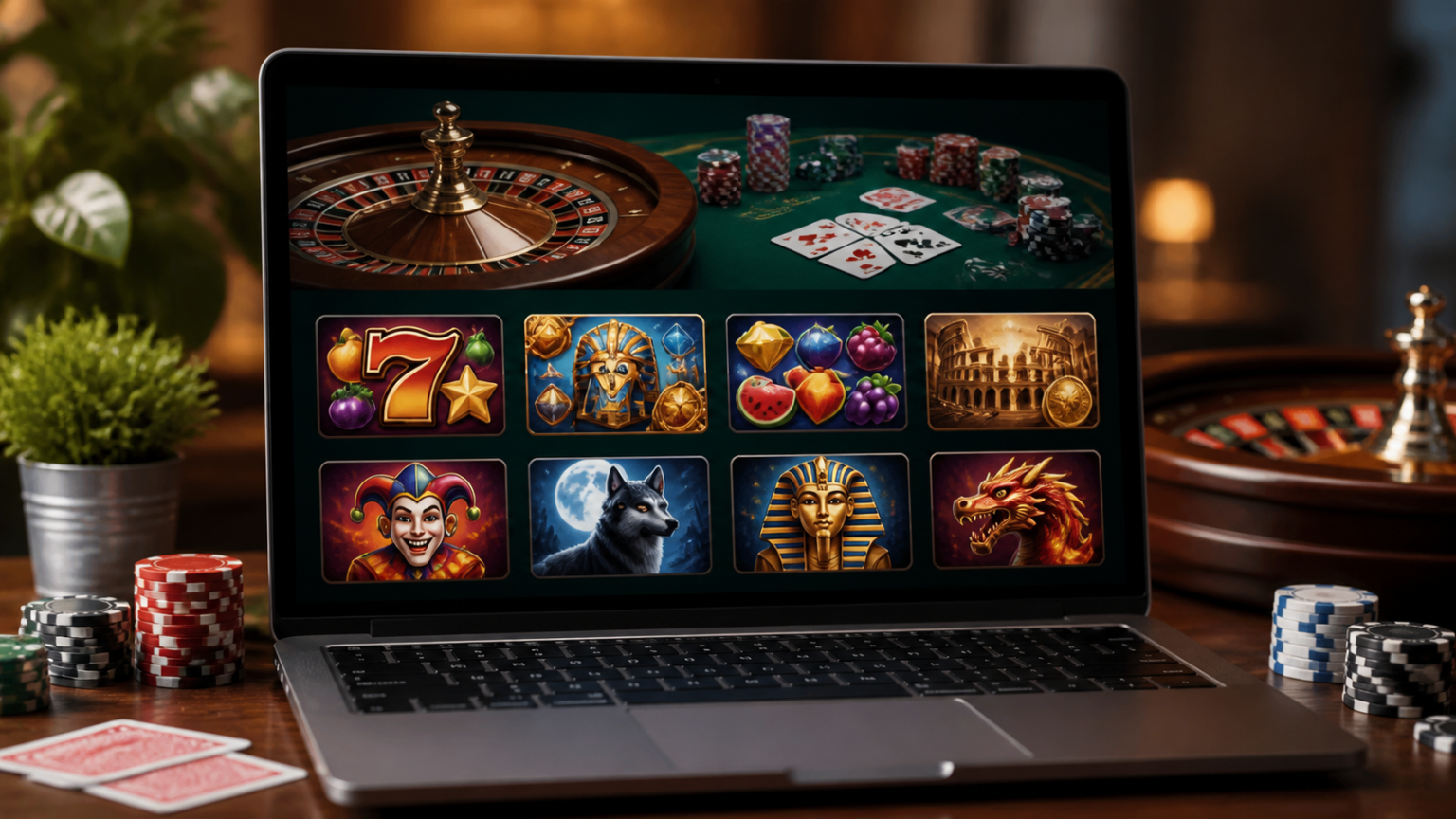 Laptop displaying an online casino site with slots and roulette games