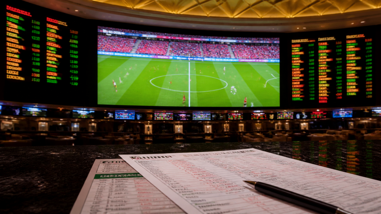Sports betting display with odds in a casino setting