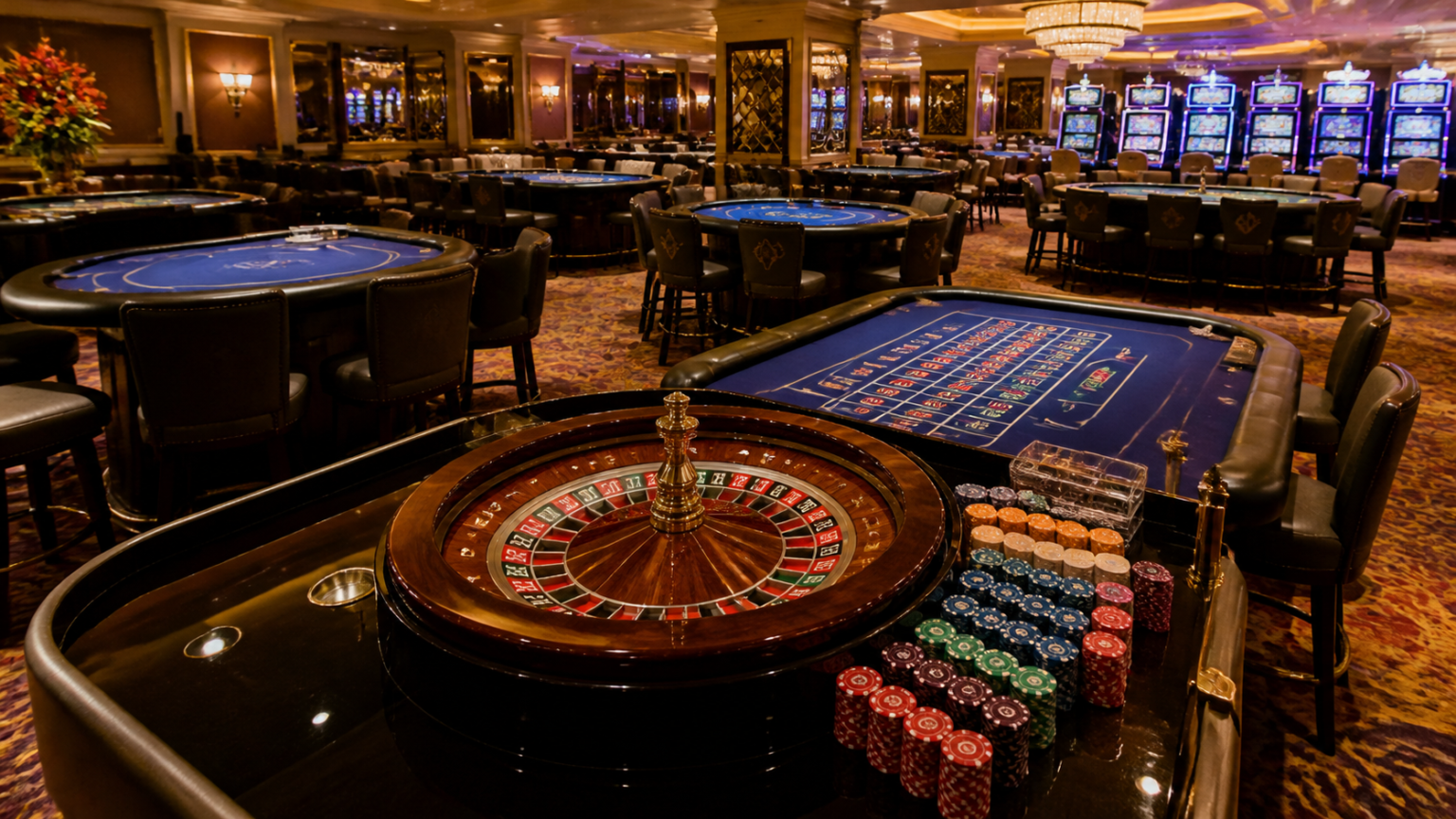 Uy tín nên được đánh giá qua những tiêu chí nào?: top 10 nhà cái uy tín nhất hiện nay Khu vực casino với bàn roulette và bàn chơi bài