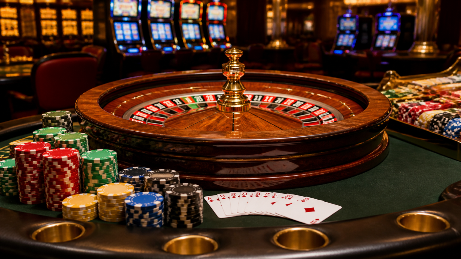 Casino chips and cards on a gaming table