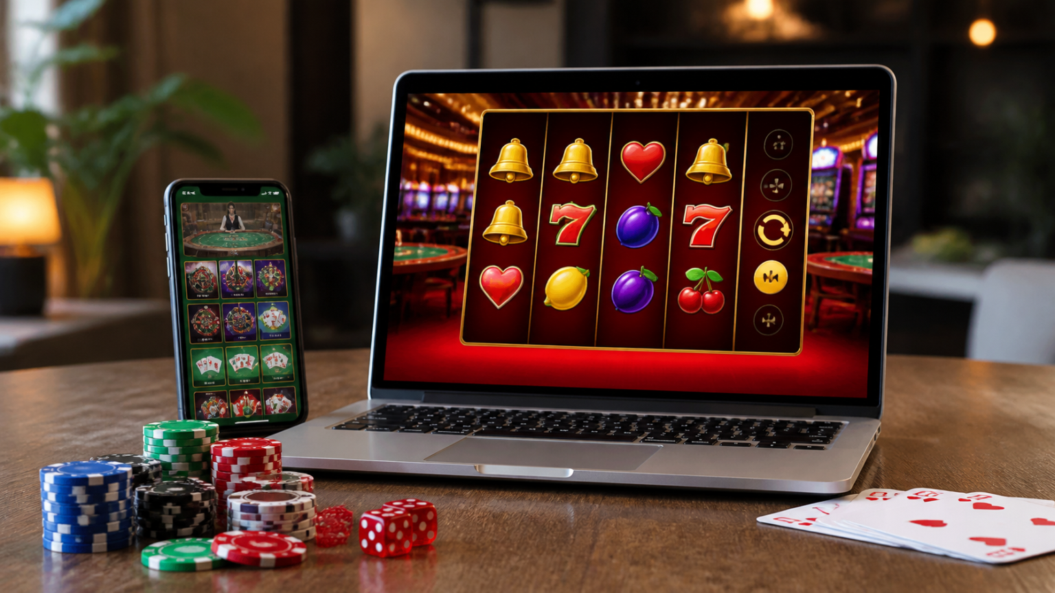 Laptop and phone showing an online casino Singapore game lobby